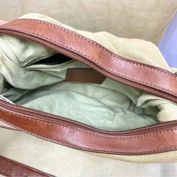 Relic By Fossil Tan Burlap Brown Leather Shoulder Bag Purse Canvas Handbag Tote - Picture 10 of 15